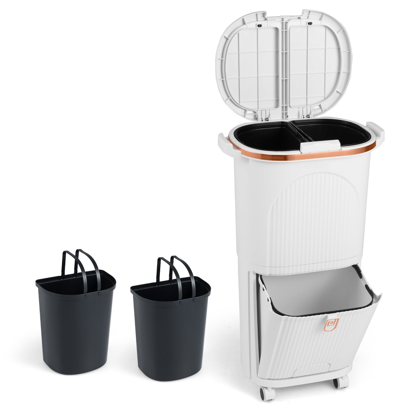 38L Kitchen Trash Can Sorting Garbage Bin with Lids 2 Detachable Buckets-Beige