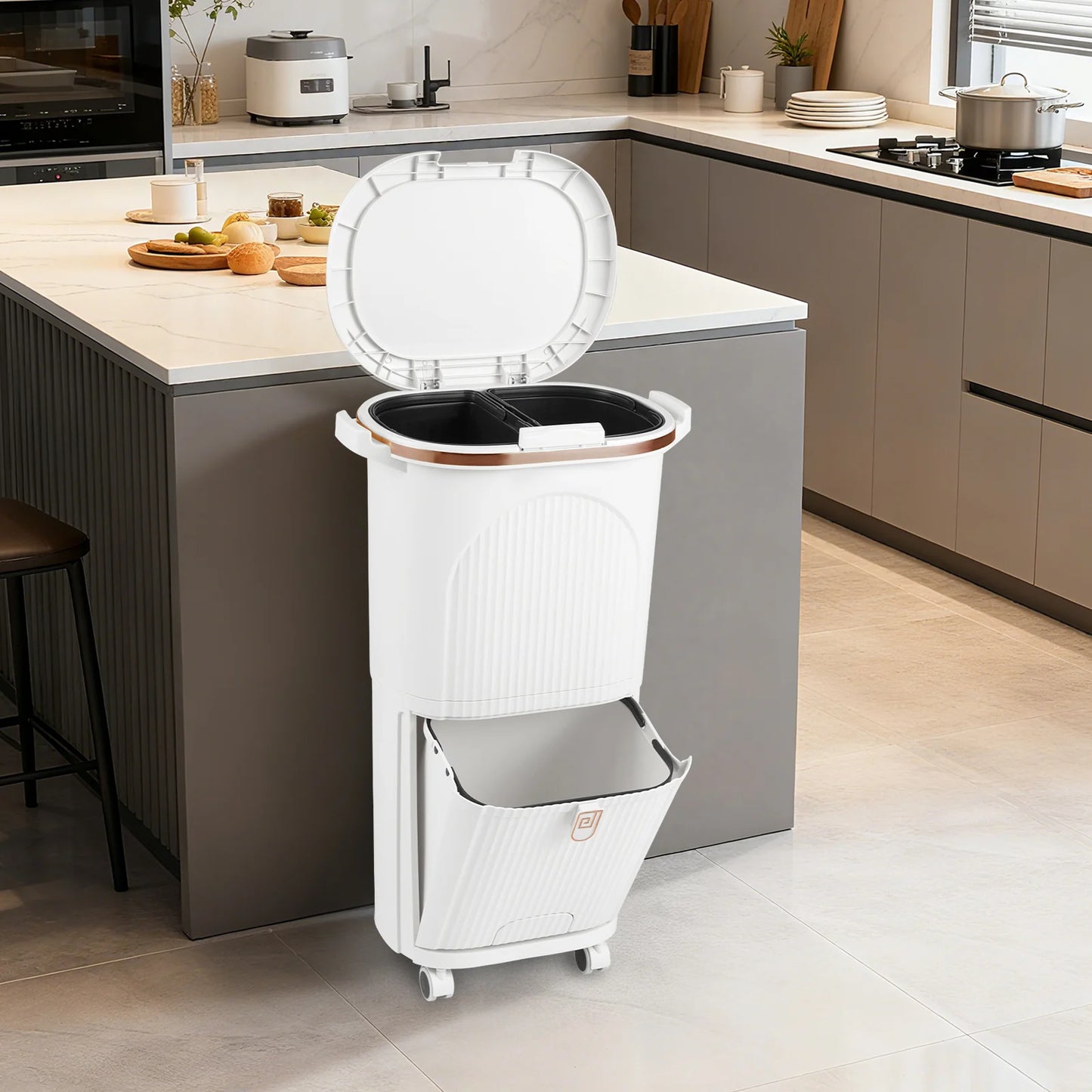 38L Kitchen Trash Can Sorting Garbage Bin with Lid 2 Detachable Buckets-Beige