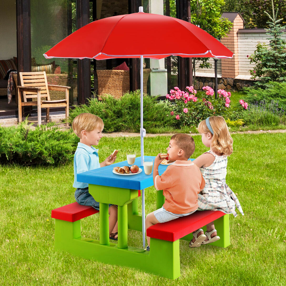 Kids Picnic Table Set with Removable Umbrella-Color