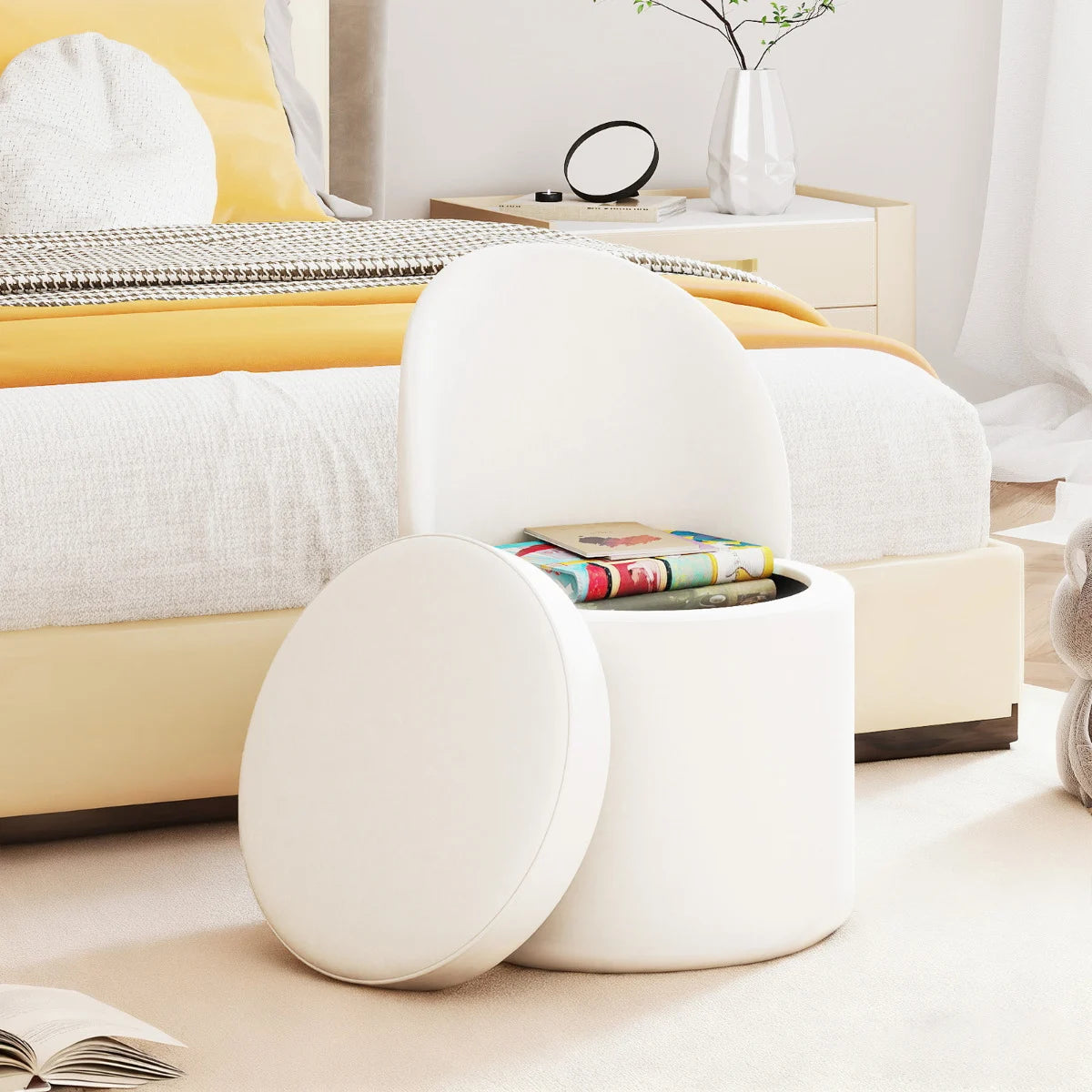 38 L Storage Ottoman Faux Velvet Vanity Stool with Backrest-White