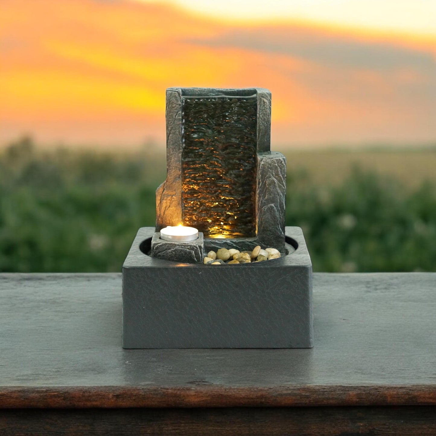 Water Feature Indoor Outdoor LED Fountain - Serene Waterfall Garden Decor in Polyresin, Weather Resistant Design with Pump & LED Light for Relaxation (LED Rectangle Waterfall)