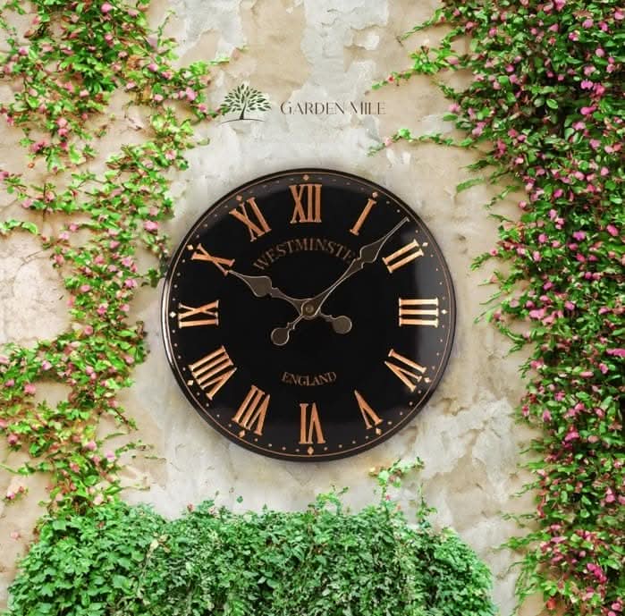 38cm Black Westminster Garden Wall Clock with Thermometer