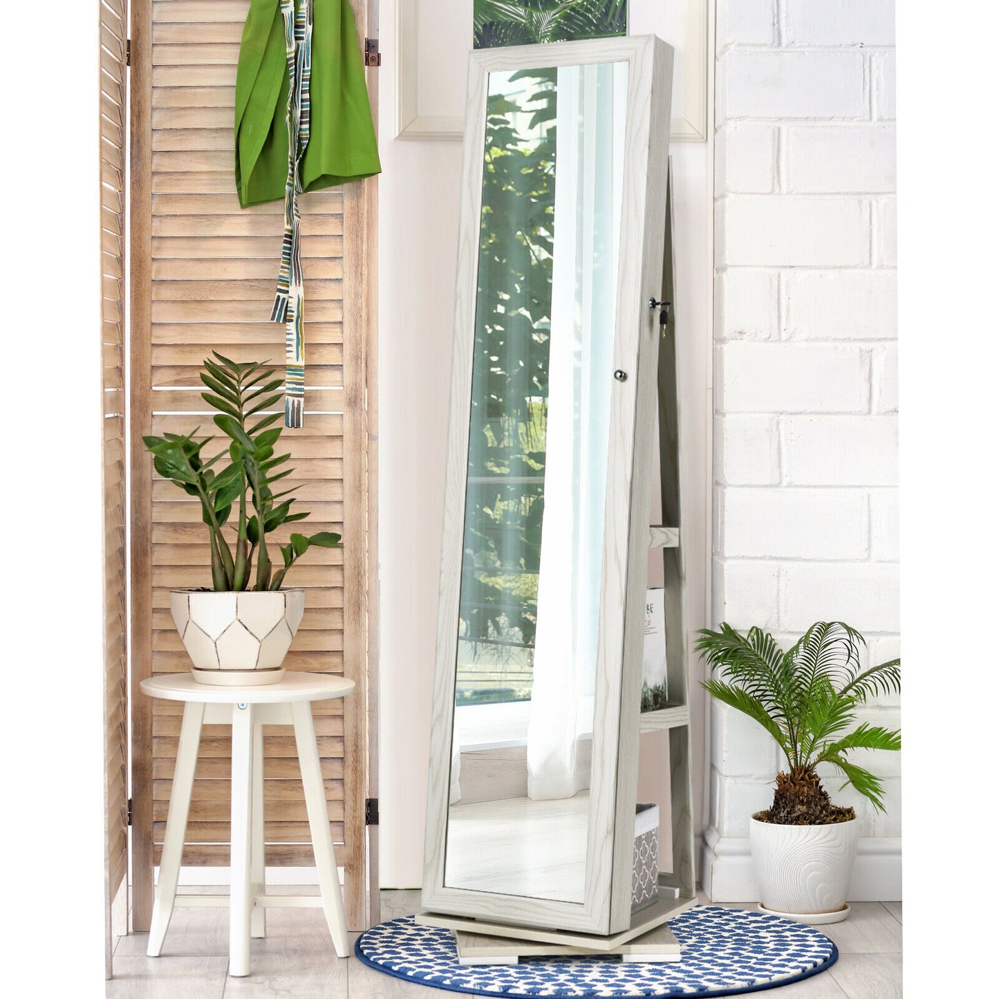 Full Length Mirrored Jewellery Cabinet Rotates 360° with Open Display Shelves-Brown