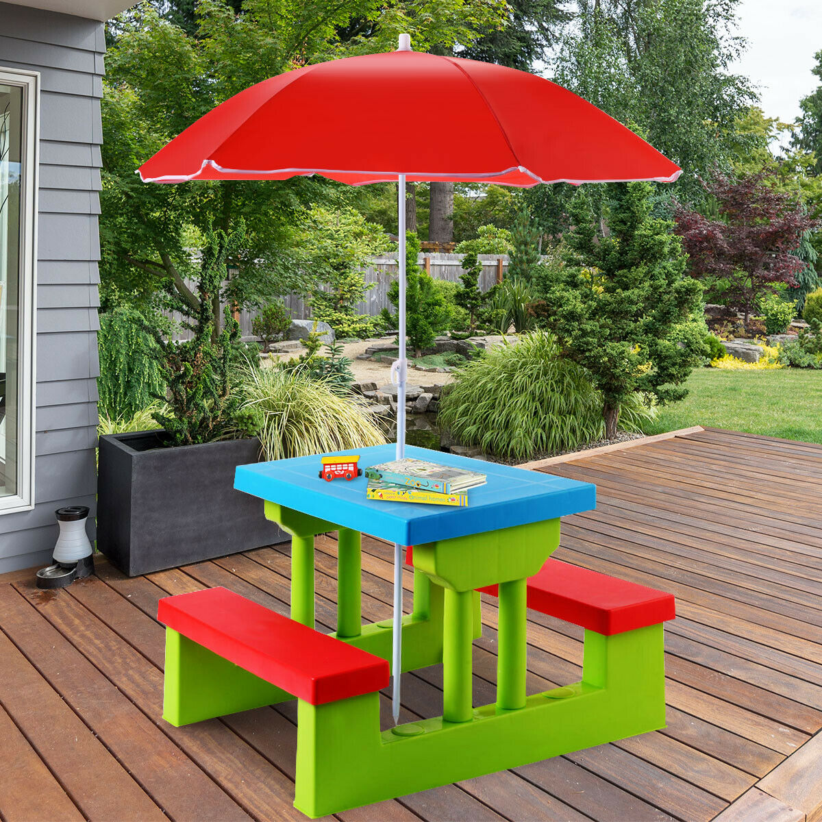 Kids Picnic Table Set with Removable Umbrella-Color