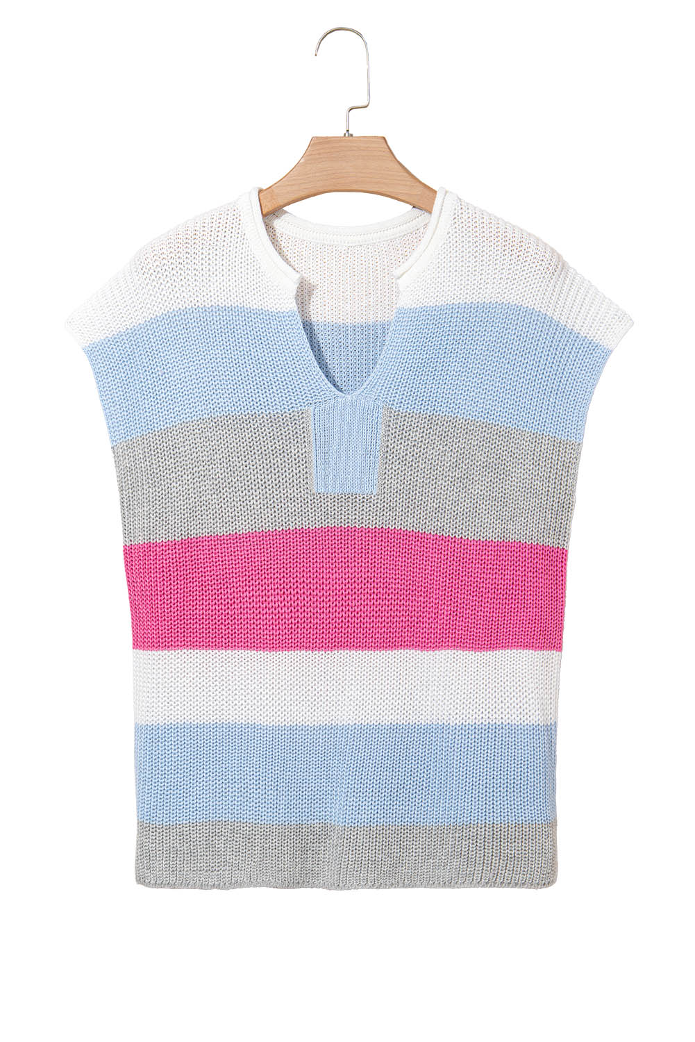 Pink Color Block Notch V Neck Sweater T Shirt