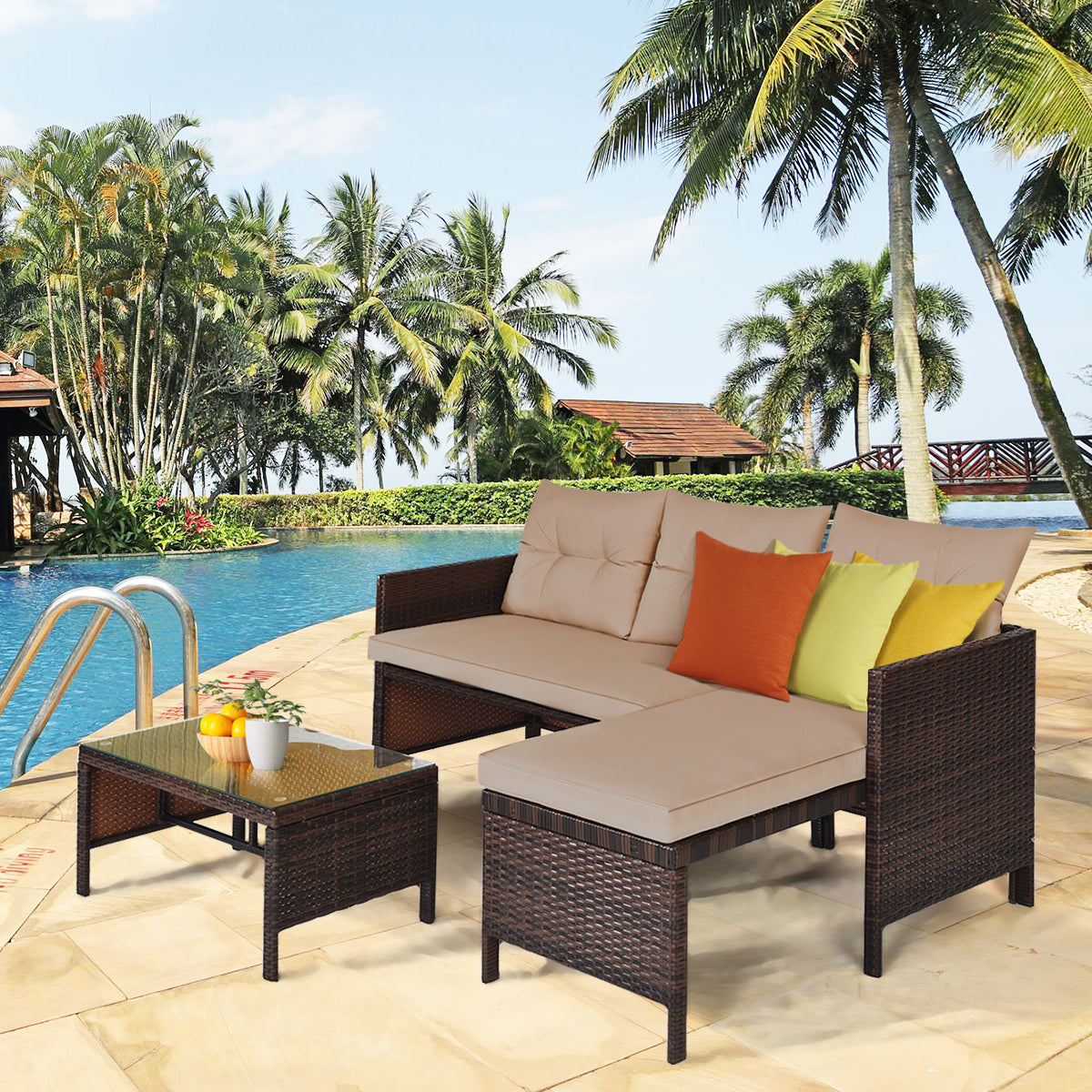 3 Pieces Patio Conversation Bistro Set with Washable Couch Cushion-Brown