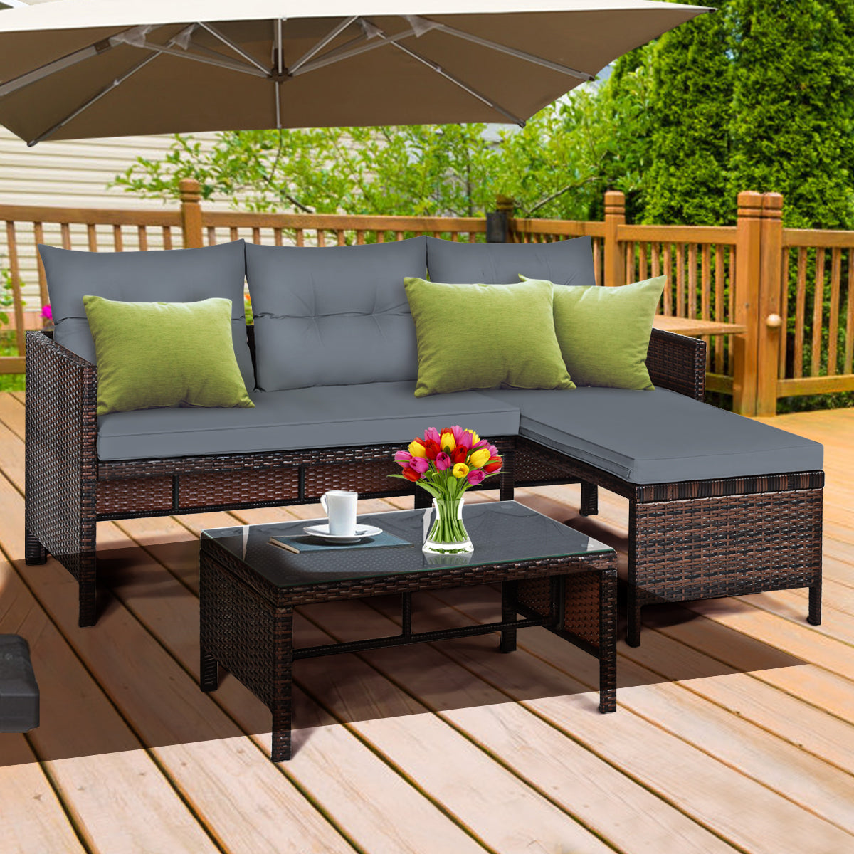 3 Pieces Patio Conversation Bistro Set with Washable Couch Cushion-Brown