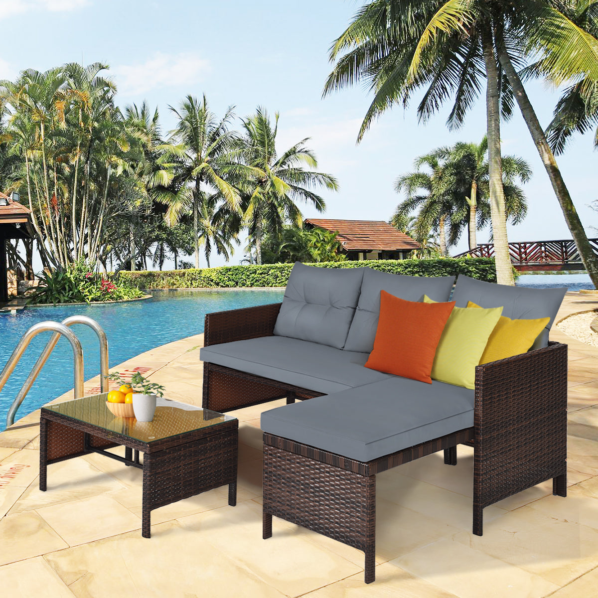 3 Pieces Patio Conversation Bistro Set with Washable Couch Cushion-Brown