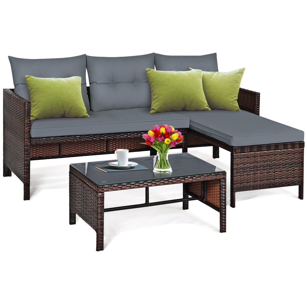 3 Pieces Patio Conversation Bistro Set with Washable Couch Cushion-Brown