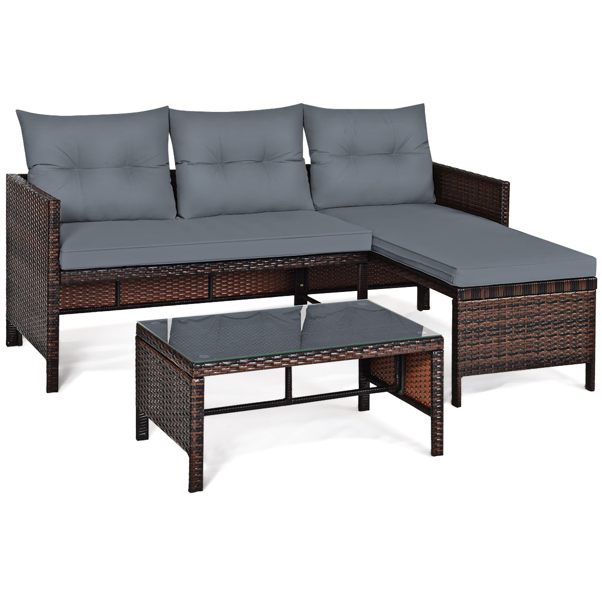 3 Pieces Patio Conversation Bistro Set with Washable Couch Cushion-Brown