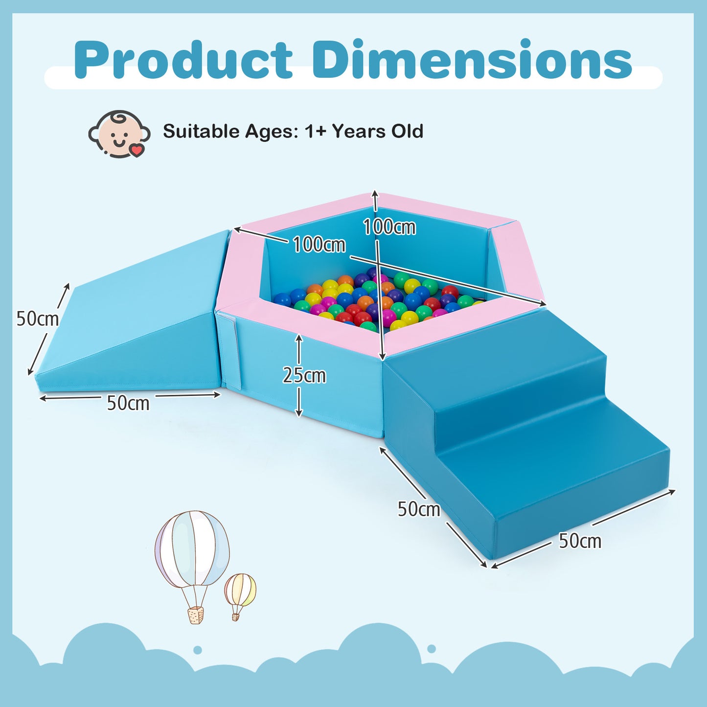 3-Piece Baby Foam Climbing Blocks Set with Ball Pit and Balls-Blue