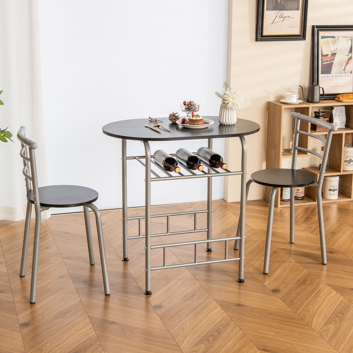 3-Piece Dining Table Set with Extra Wine Rack and Metal Frame-Black