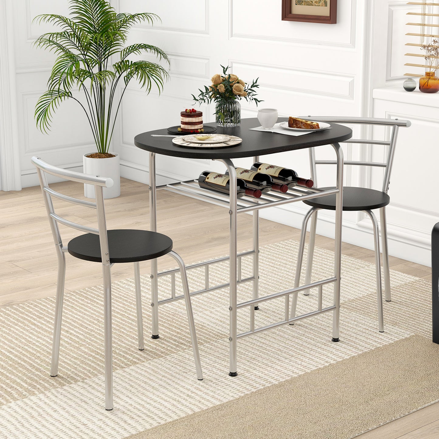 3-Piece Dining Table Set with Extra Wine Rack and Metal Frame-Black