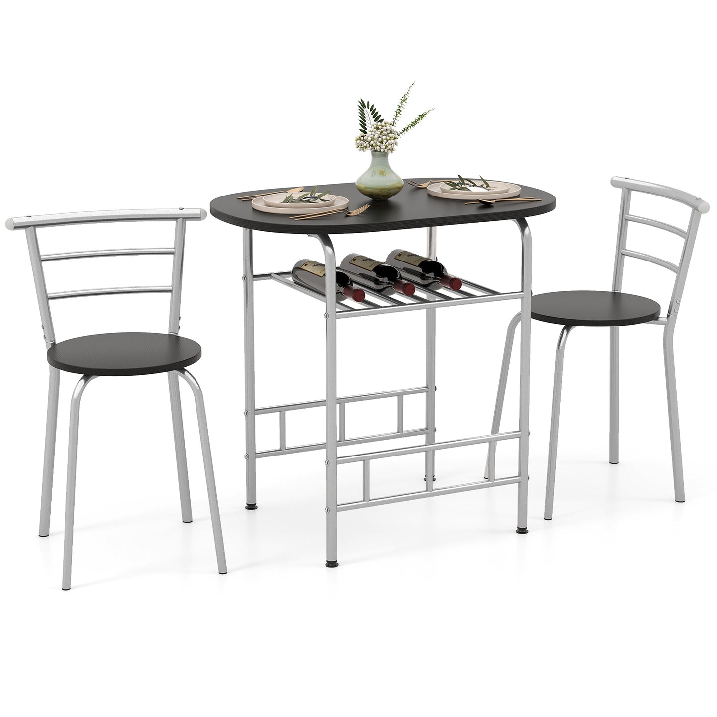 3-Piece Dining Table Set with Extra Wine Rack and Metal Frame-Black