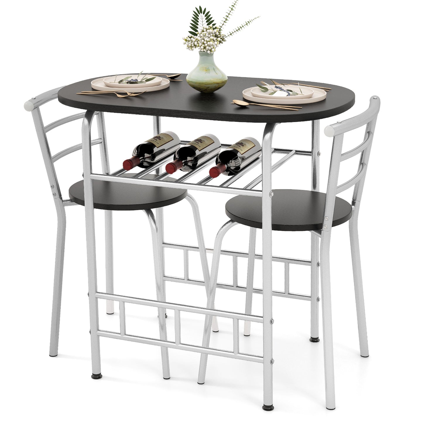3-Piece Dining Table Set with Extra Wine Rack and Metal Frame-Black