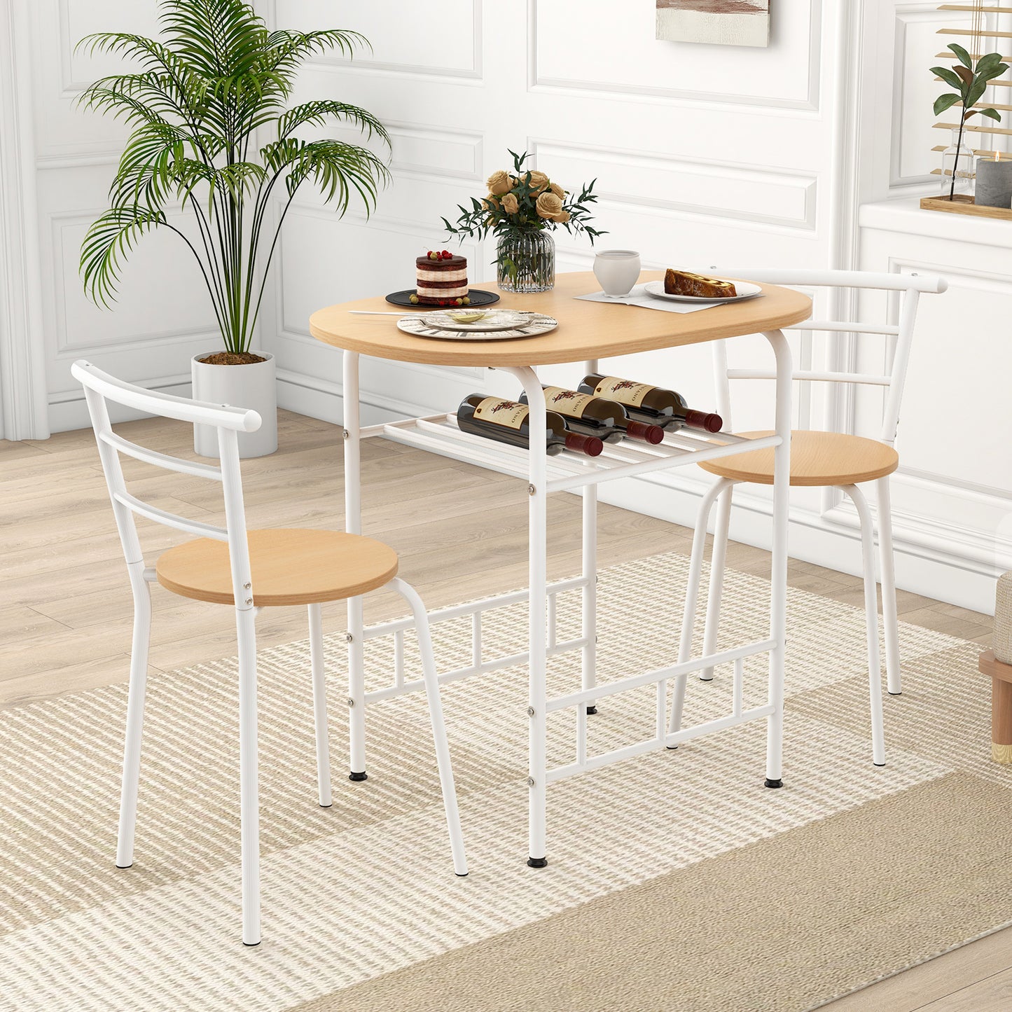 3-Piece Dining Table Set with Extra Wine Rack and Metal Frame-Black