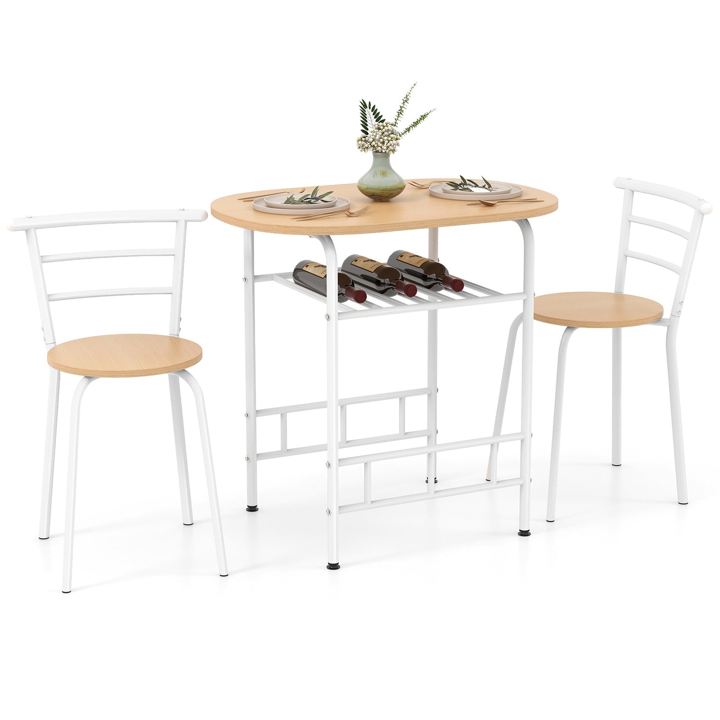 3-Piece Dining Table Set with Extra Wine Rack and Metal Frame-Black