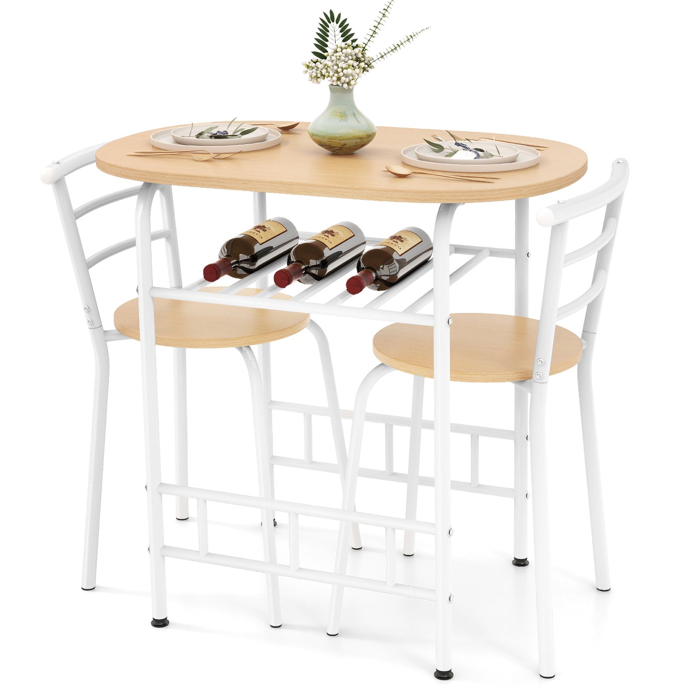 3-Piece Dining Table Set with Extra Wine Rack and Metal Frame-Black