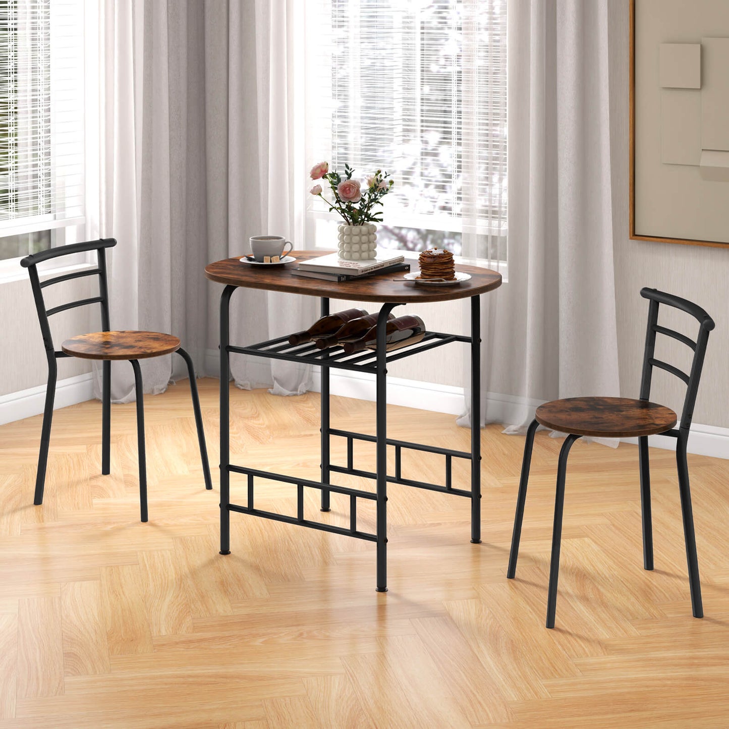 3-Piece Dining Table Set with Extra Wine Rack and Metal Frame-Black