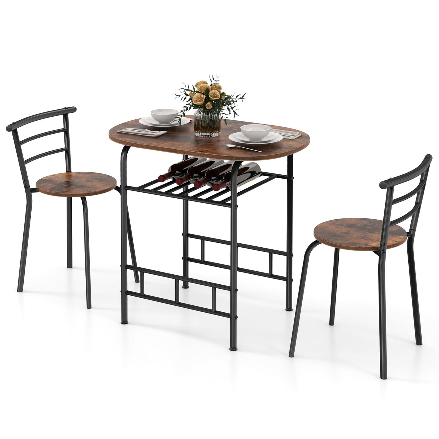 3-Piece Dining Table Set with Extra Wine Rack and Metal Frame-Black