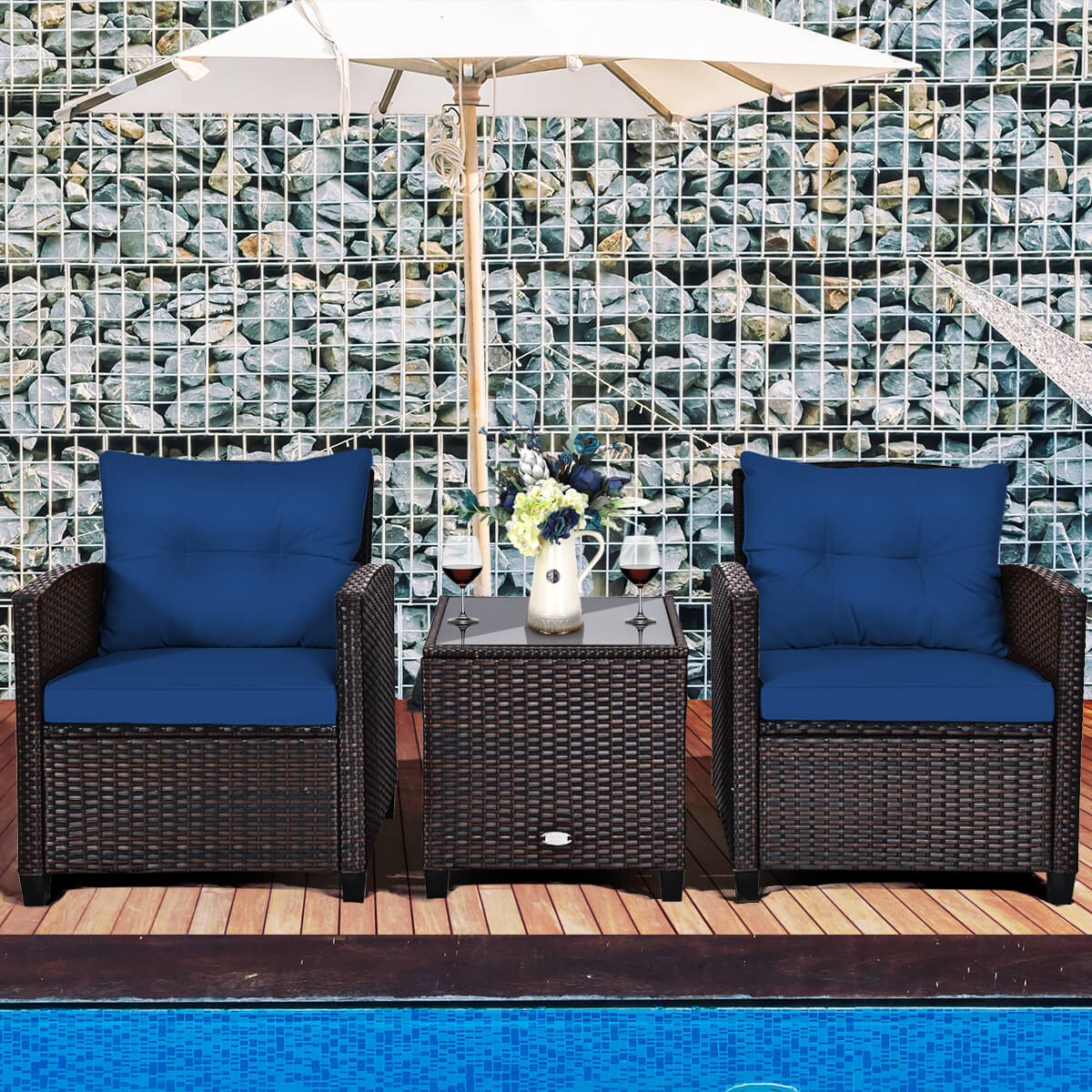 3 Piece Patio Rattan Furniture Set for Porch Balcony Garden Yard-Beige