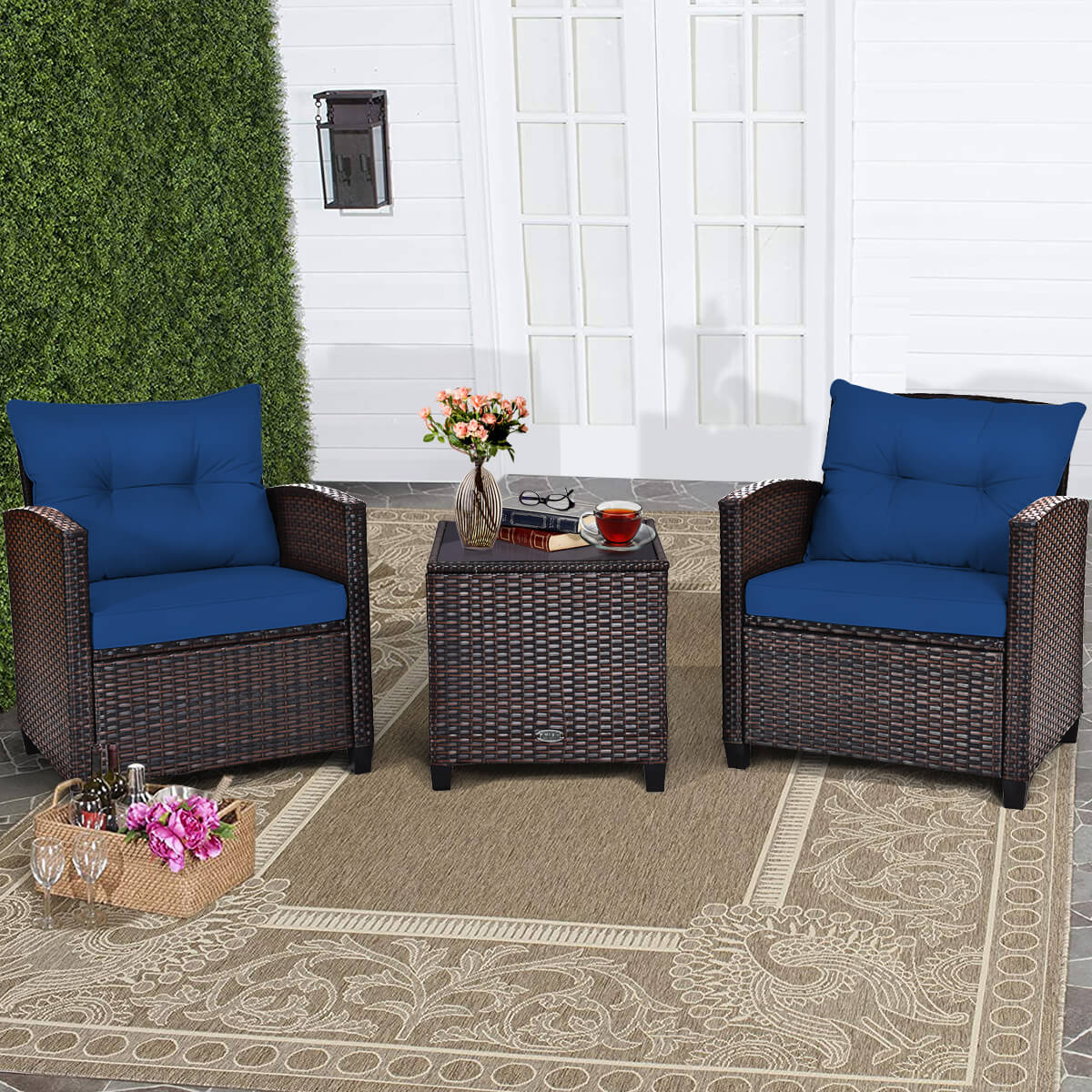 3 Piece Patio Rattan Furniture Set for Porch Balcony Garden Yard-Beige
