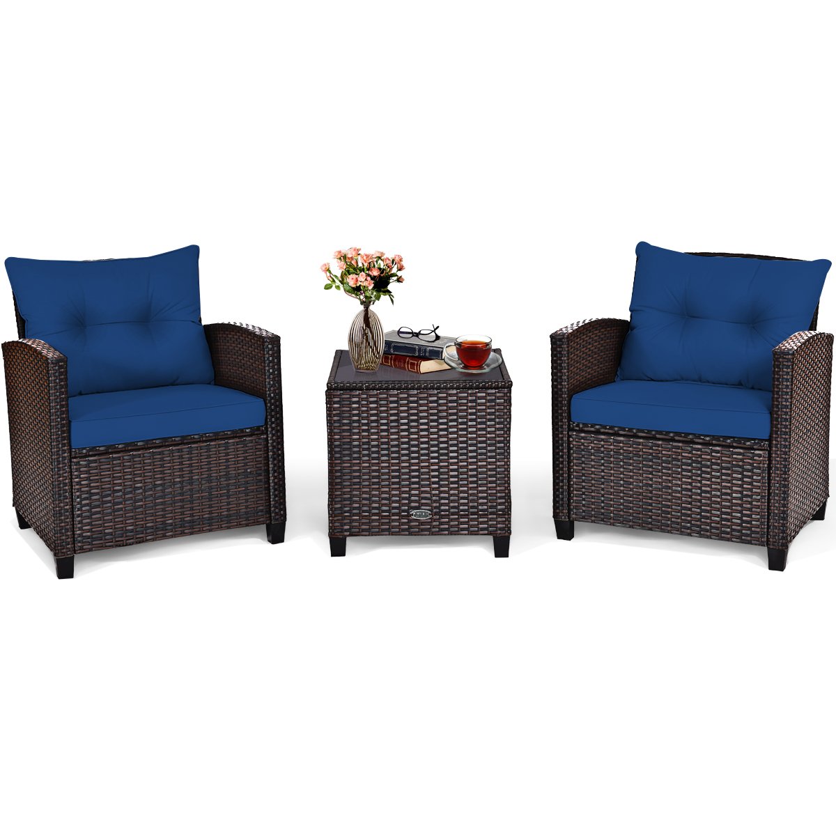 3 Piece Patio Rattan Furniture Set for Porch Balcony Garden Yard-Beige