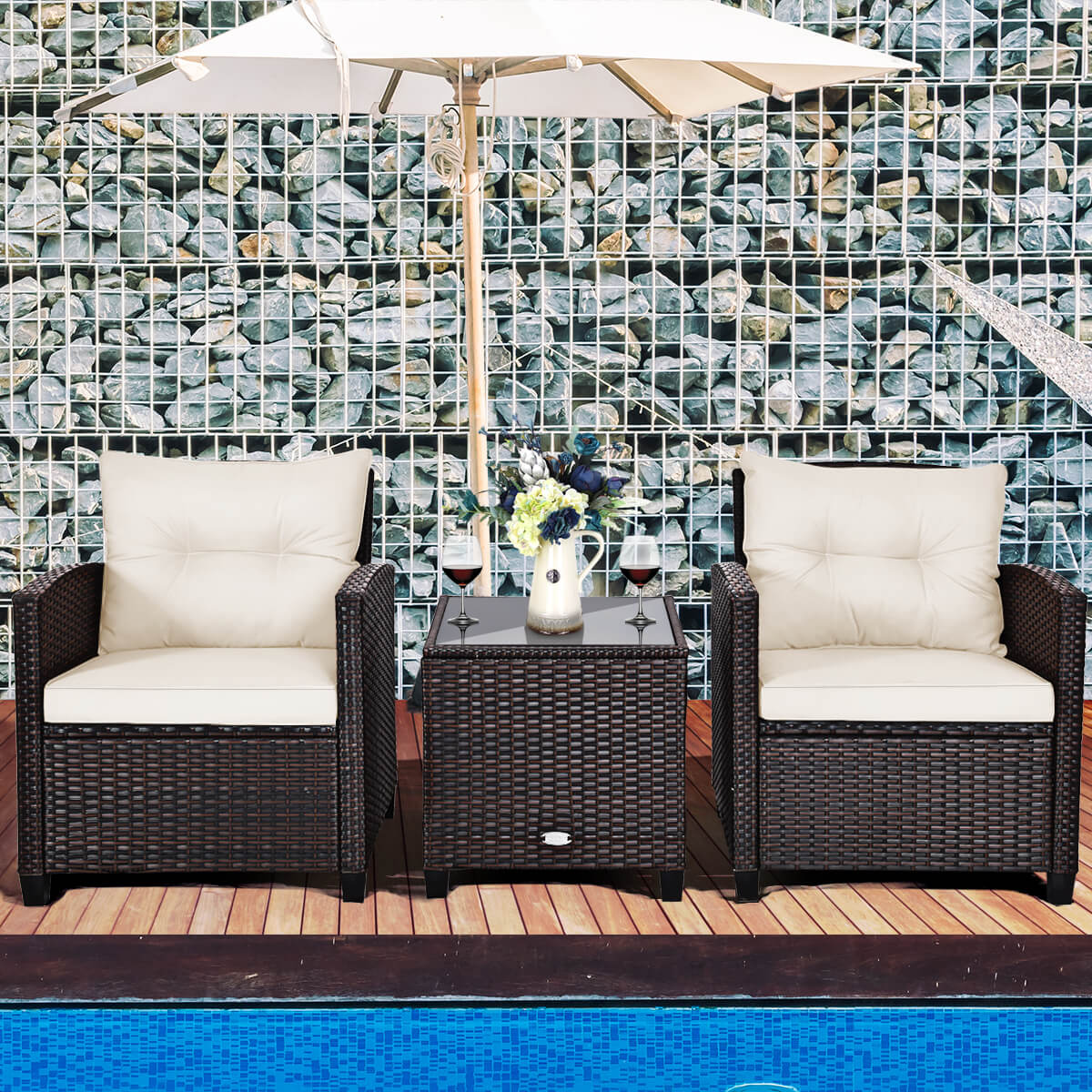 3 Piece Patio Rattan Furniture Set for Porch Balcony Garden Yard-Beige