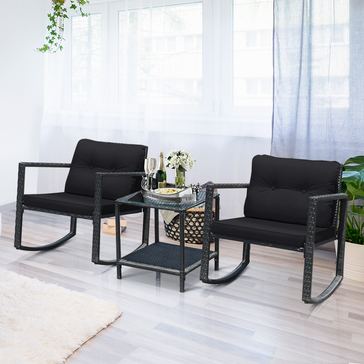 3 Pieces Outdoor Rocking Bistro Set PE Rattan with Cushions-Beige