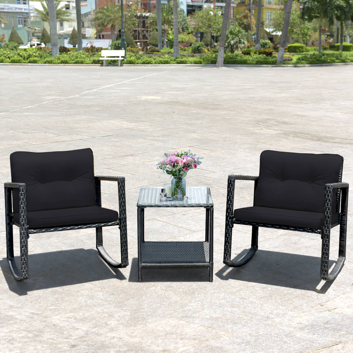 3 Pieces Outdoor Rocking Bistro Set PE Rattan with Cushions-Beige