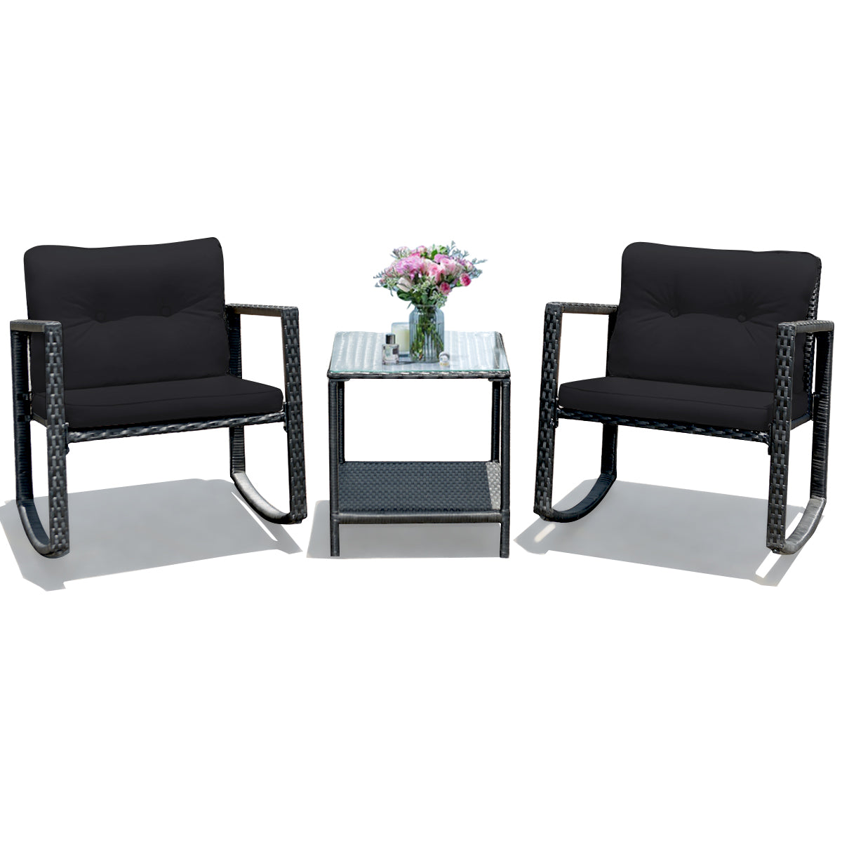 3 Pieces Outdoor Rocking Bistro Set PE Rattan with Cushions-Beige