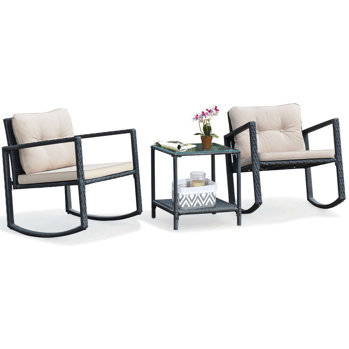 3 Pieces Outdoor Rocking Bistro Set PE Rattan with Cushions-Beige