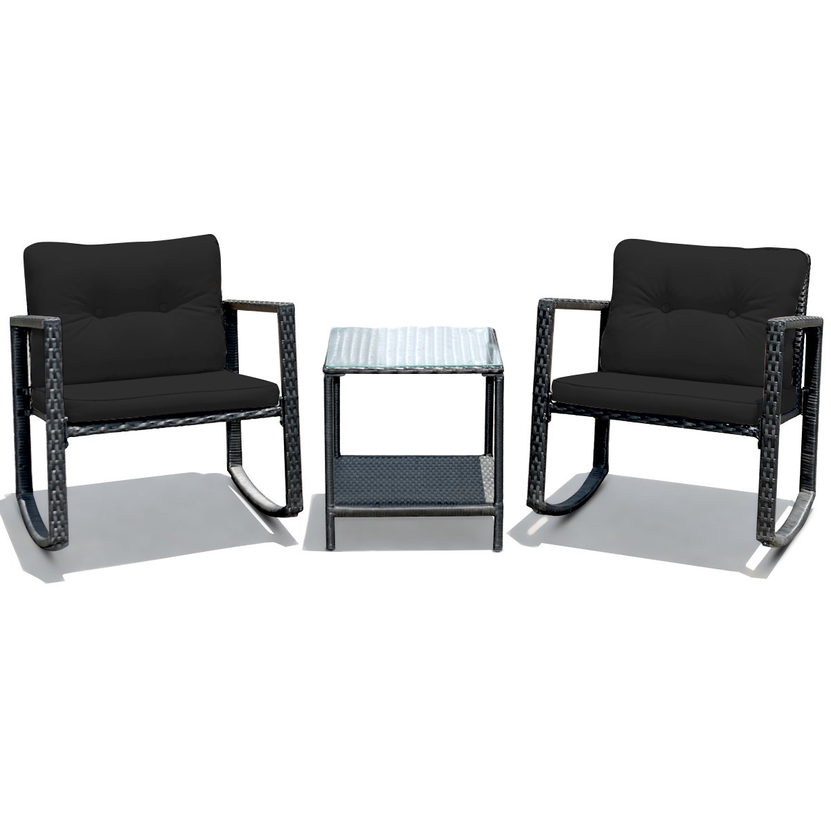 3 Pieces Outdoor Rocking Bistro Set PE Rattan with Cushions-Beige