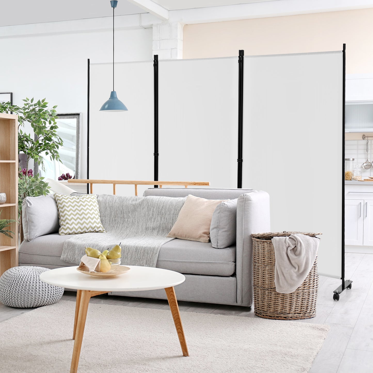 3-Panel Folding Room Divider with Wheels for Living Room Bedroom-Beige