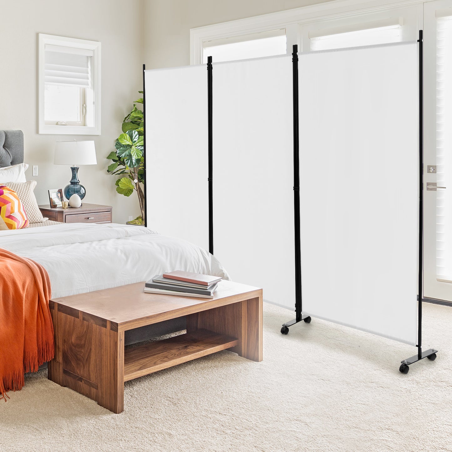 3-Panel Folding Room Divider with Wheels for Living Room Bedroom-Beige