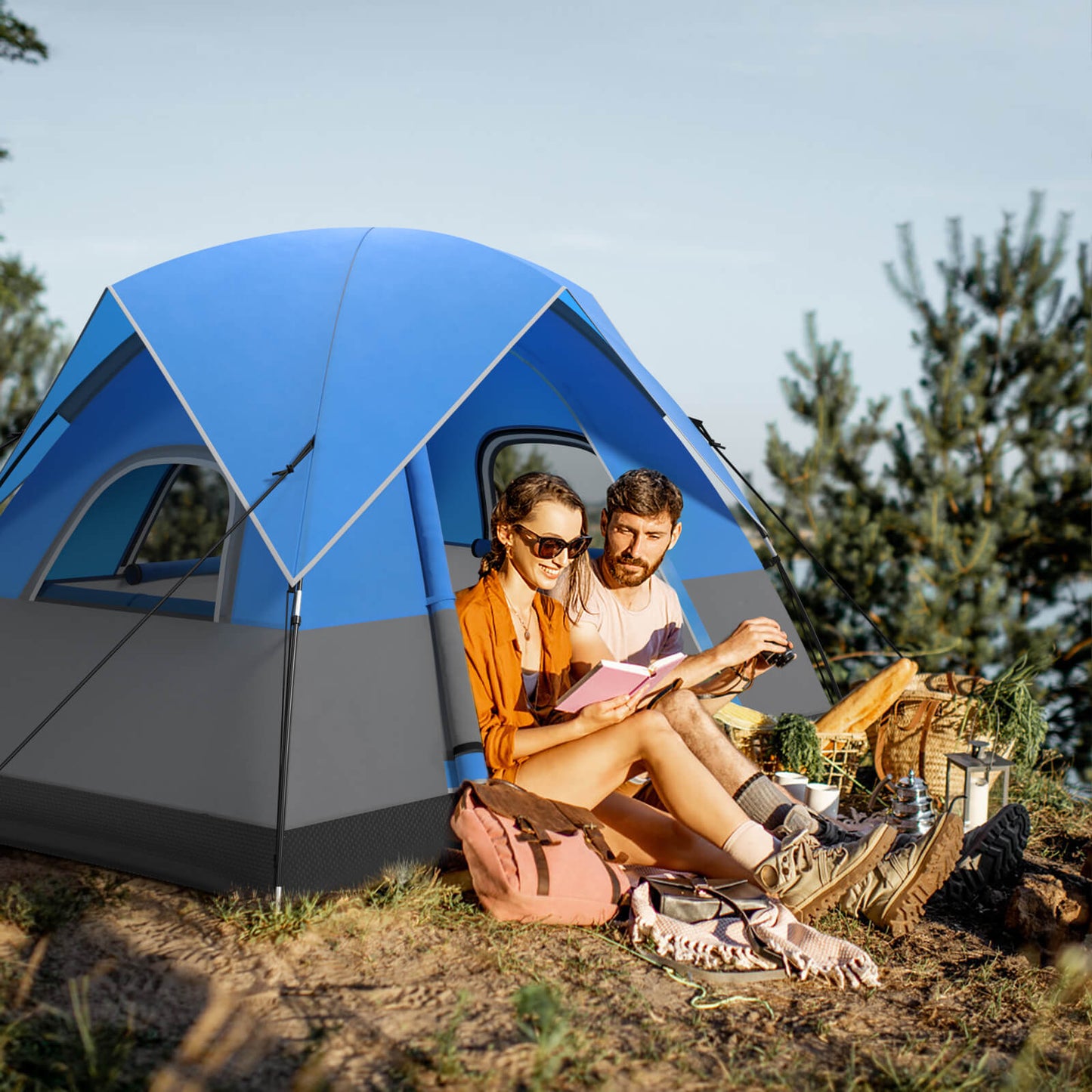 3-Person Outdoor Camping Tent with Removable Floor Mat-Black & Blue
