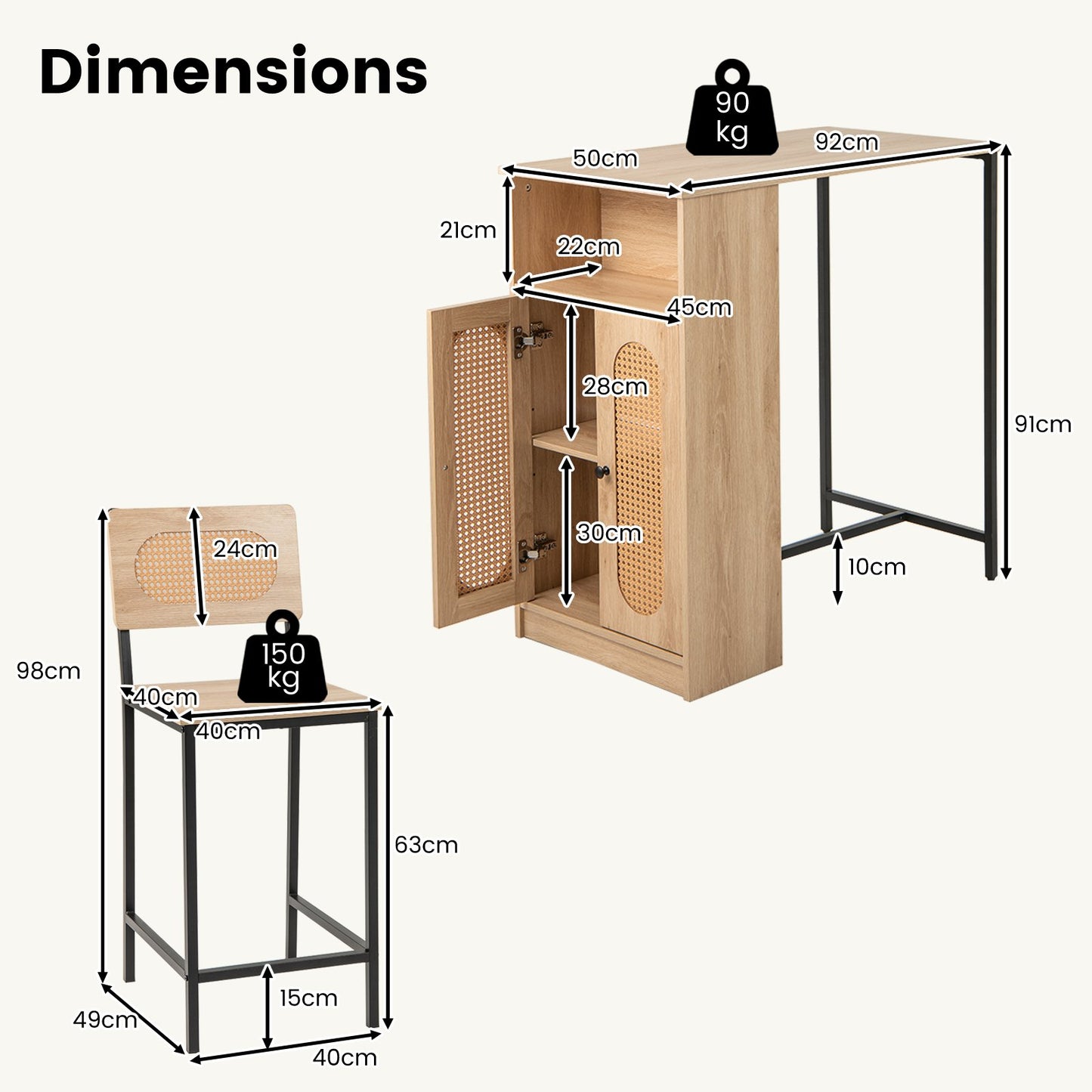 3-Piece Bar Table and Chairs Set Counter Height with PE Rattan Cabinet-Natural