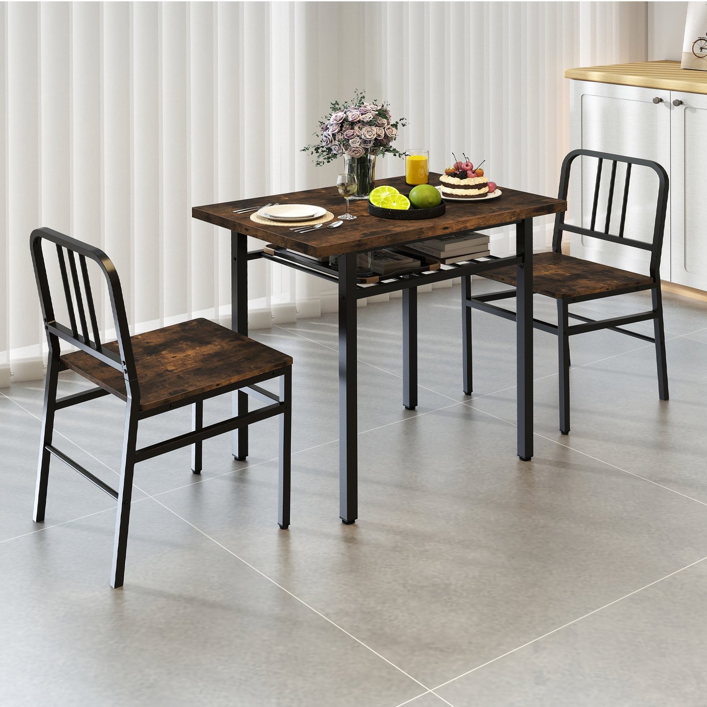 3-Piece Dining Table Set with Storage Rack and Metal Legs-Grey