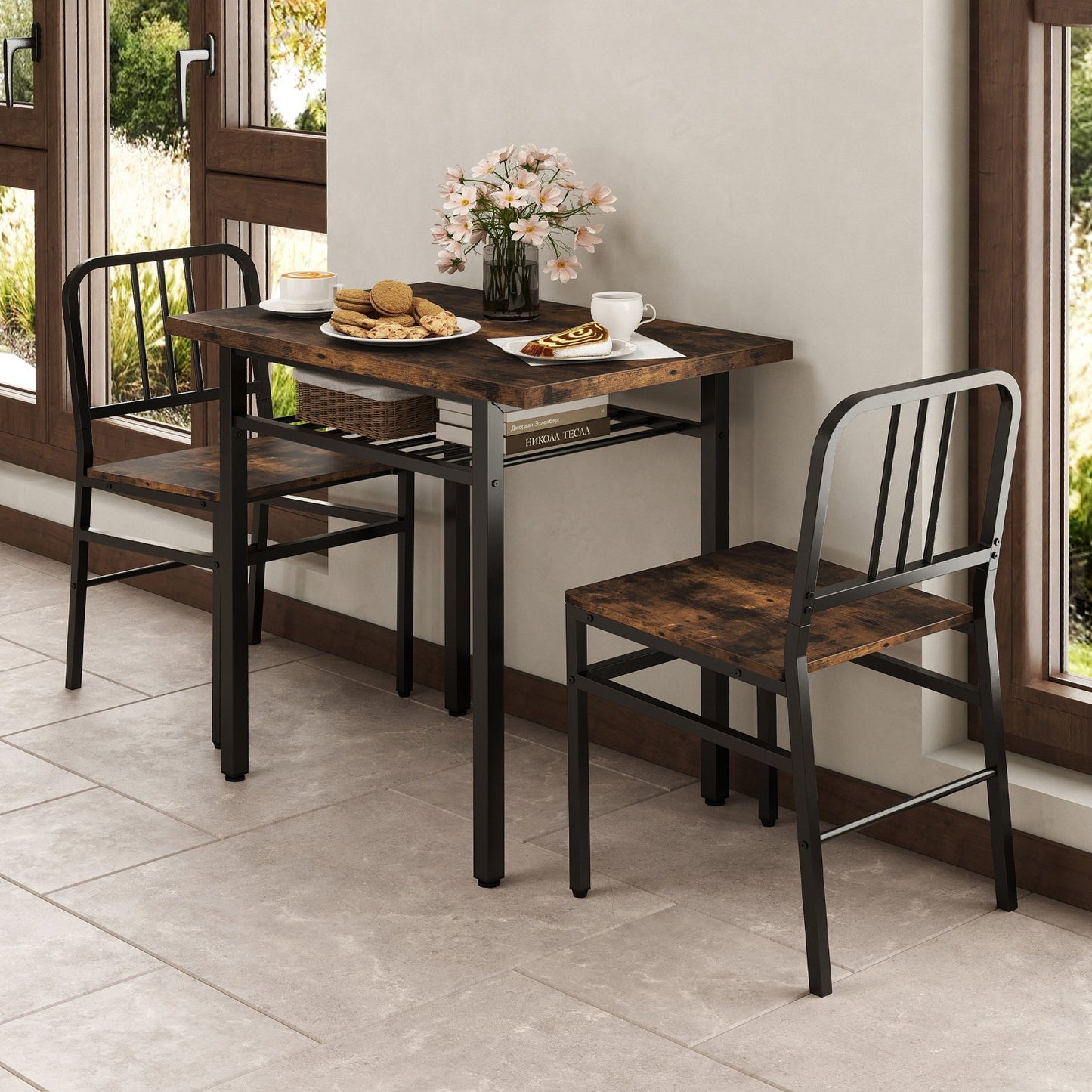 3-Piece Dining Table Set with Storage Rack and Metal Legs-Grey