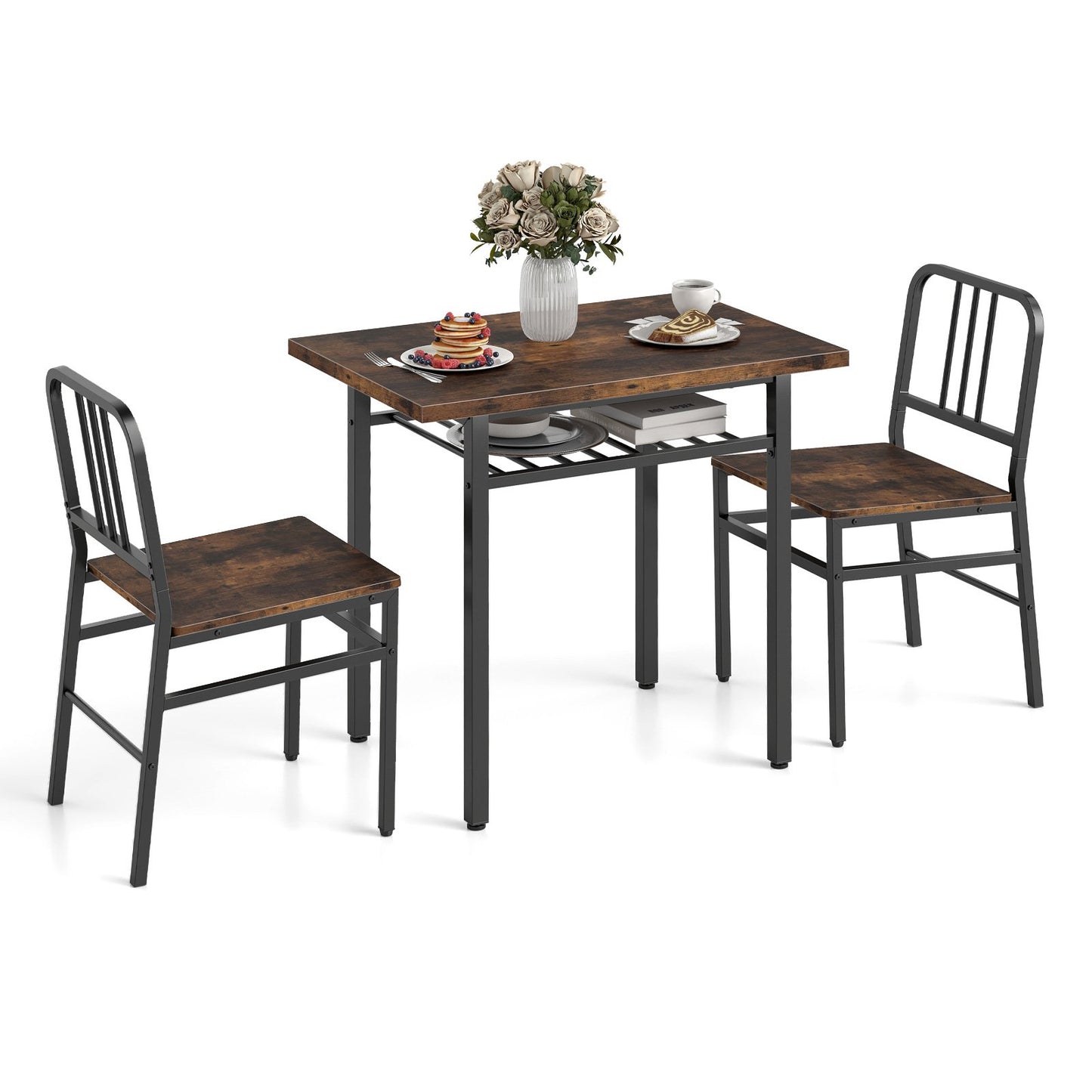 3-Piece Dining Table Set with Storage Rack and Metal Legs-Grey