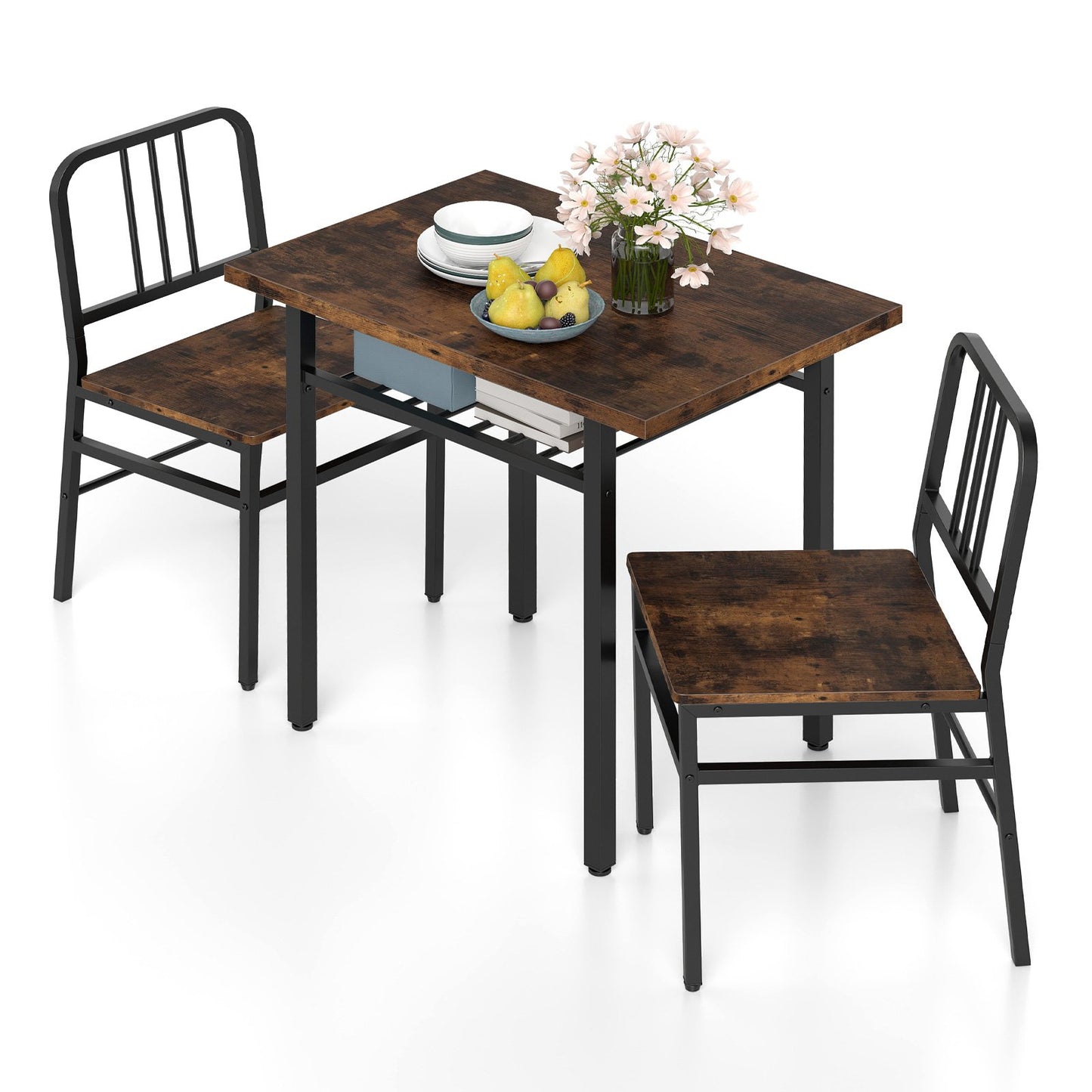 3-Piece Dining Table Set with Storage Rack and Metal Legs-Grey