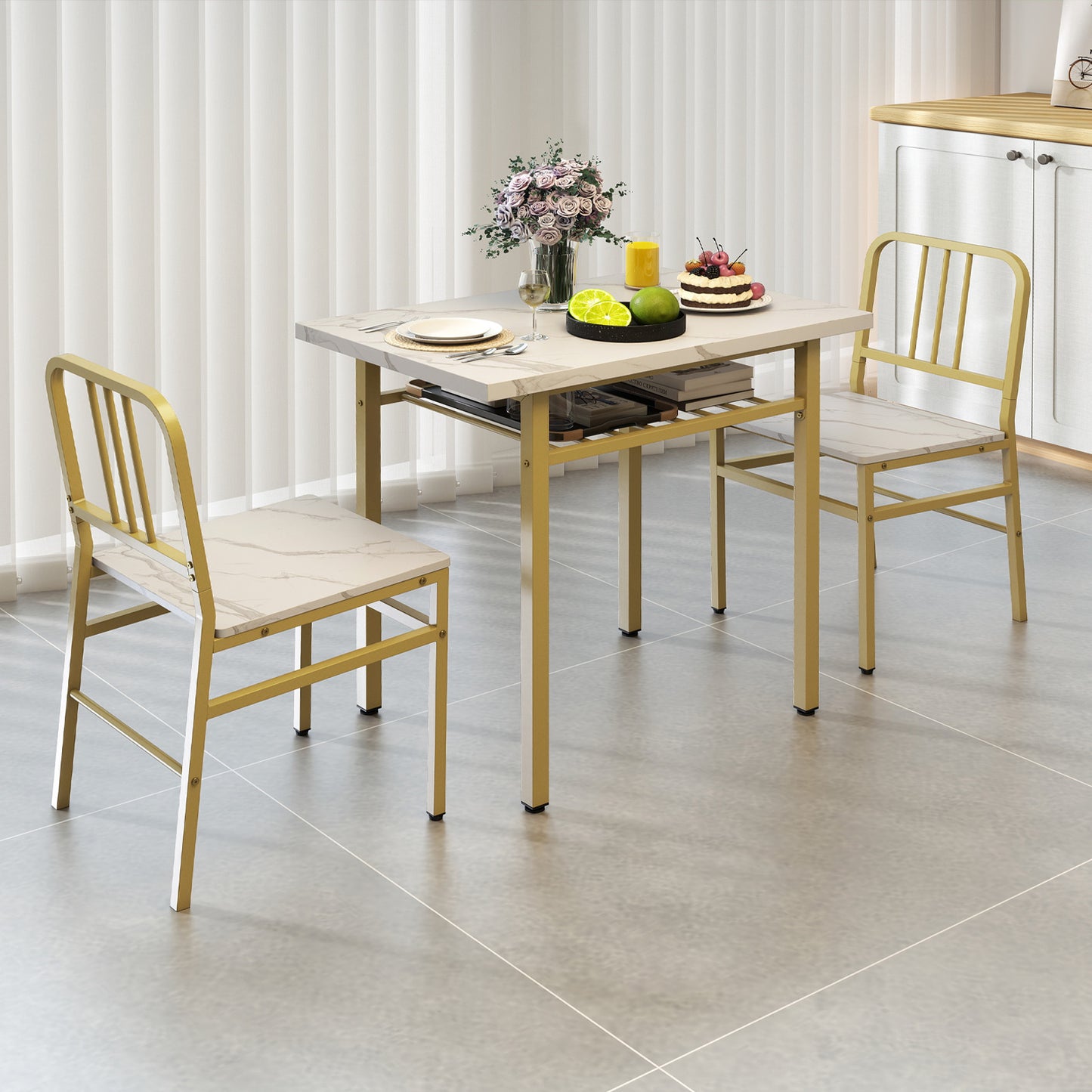 3-Piece Dining Table Set with Storage Rack and Metal Legs-Grey