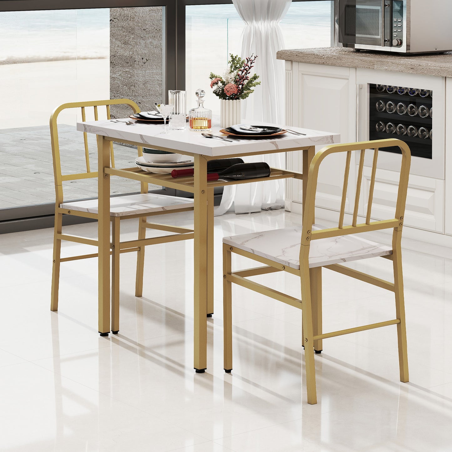 3-Piece Dining Table Set with Storage Rack and Metal Legs-Grey
