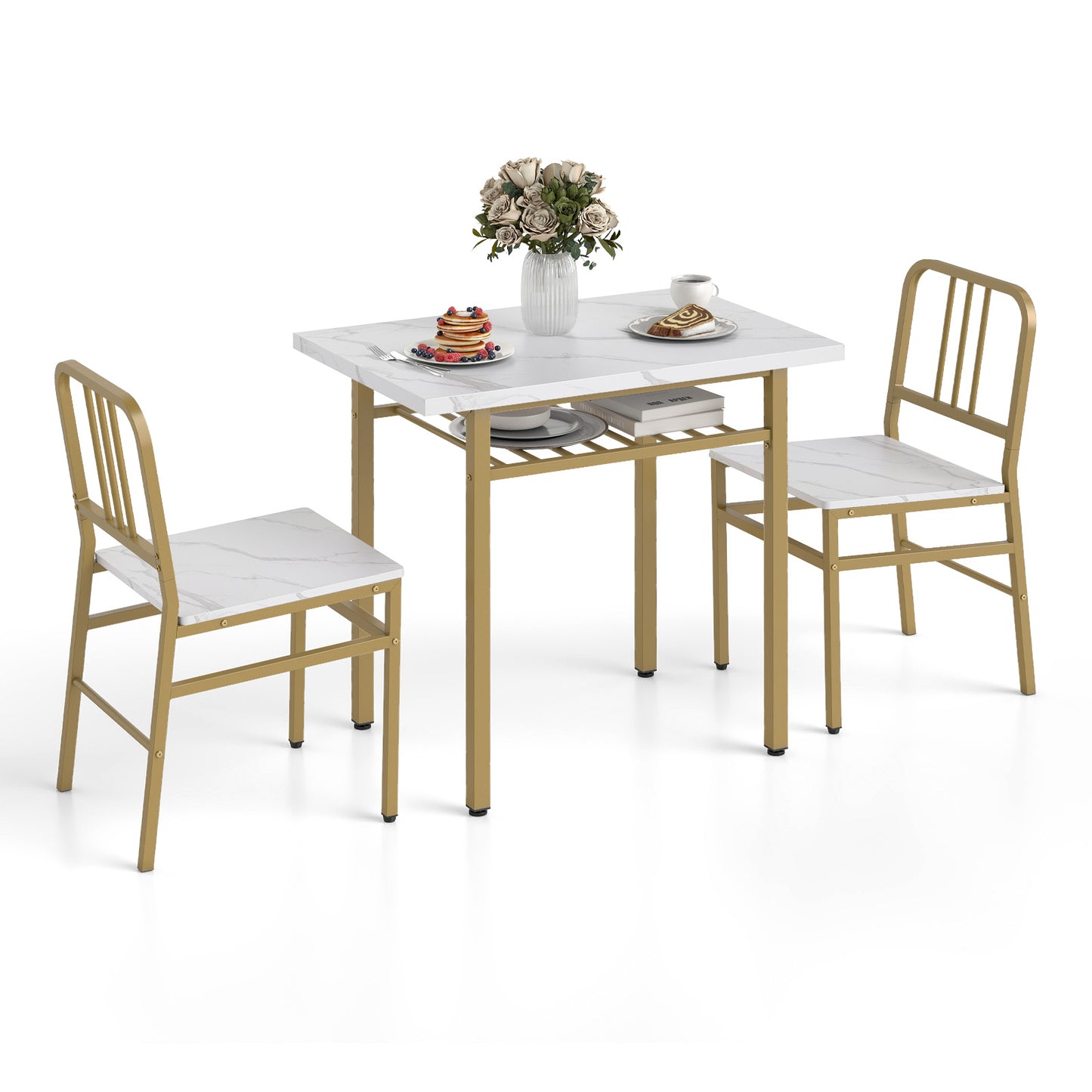 3-Piece Dining Table Set with Storage Rack and Metal Legs-Grey