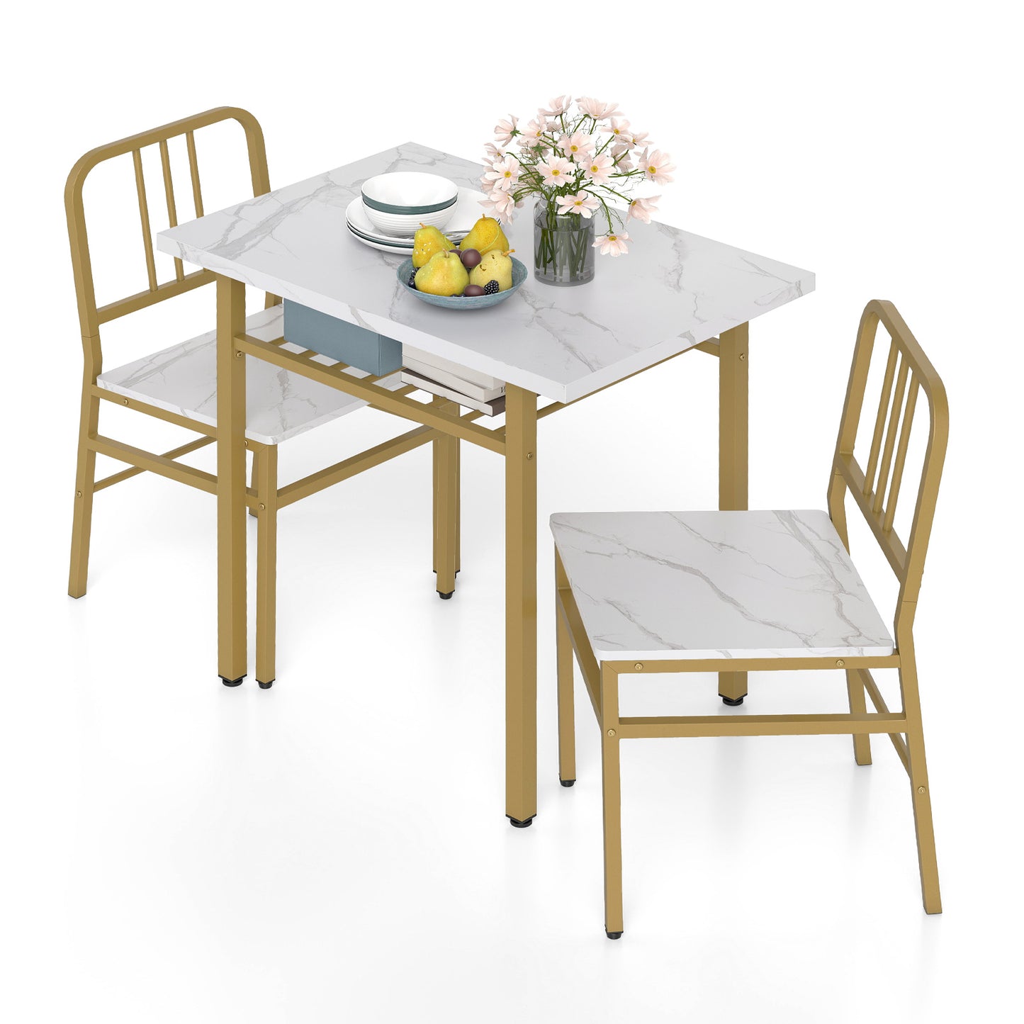 3-Piece Dining Table Set with Storage Rack and Metal Legs-Grey