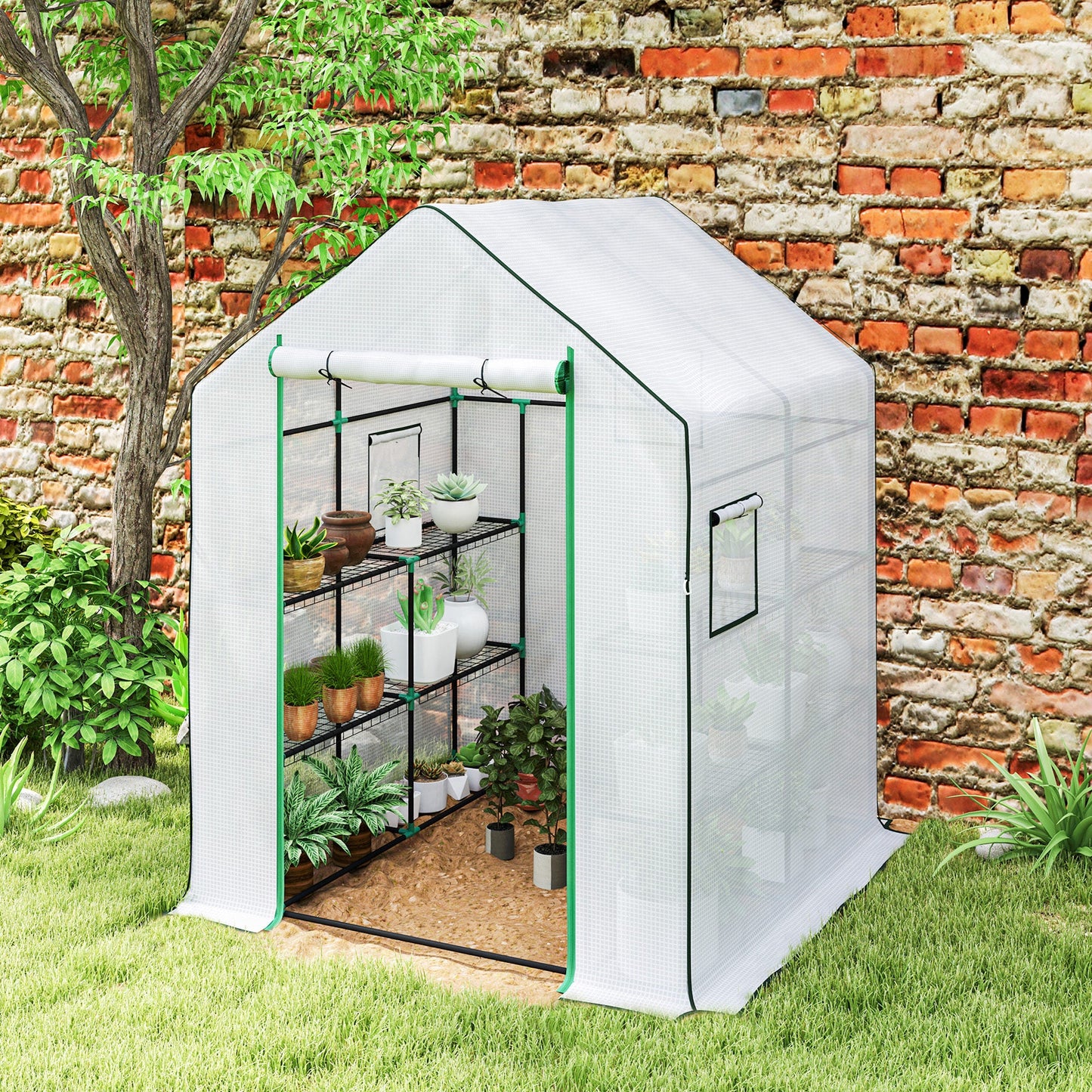 Outsunny Walk-in Greenhouse with 8 Shelves, Outdoor Small Greenhouse, White