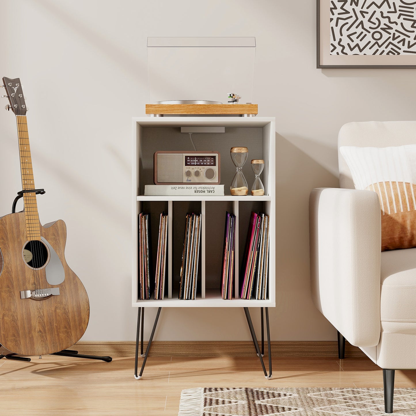 3-Tier Record Player Stand with Charging Station Shelf and 4 Dividers-Walnut