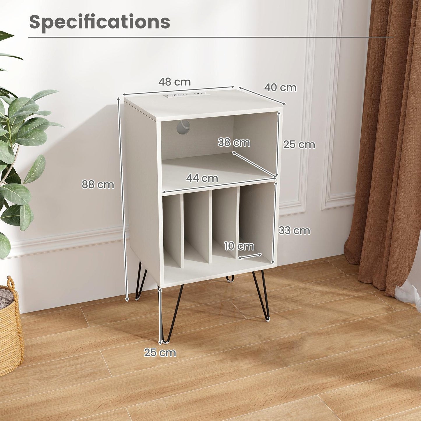 3-Tier Record Player Stand with Charging Station Shelf and 4 Dividers-Walnut