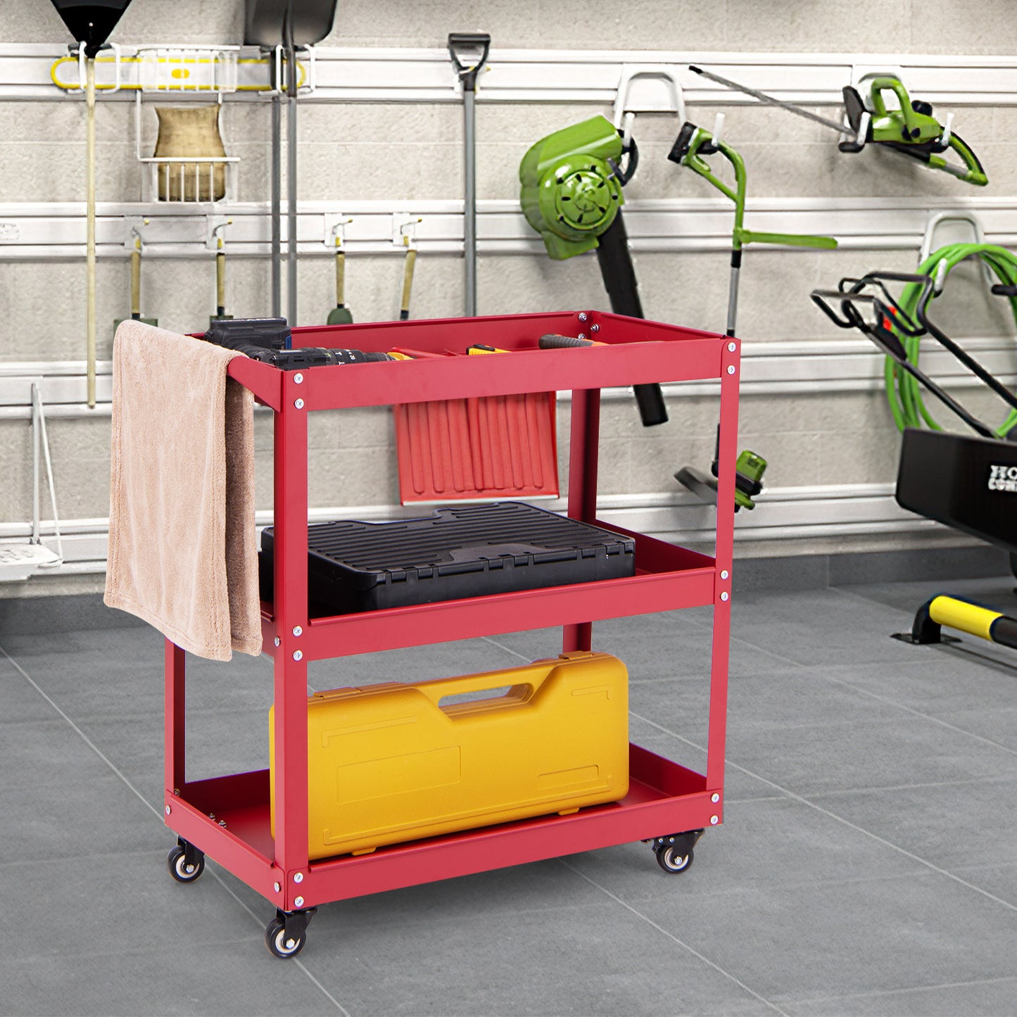 3-Tier Rolling Tool Cart with 4 Universal Wheels with 2 Brakes-Black