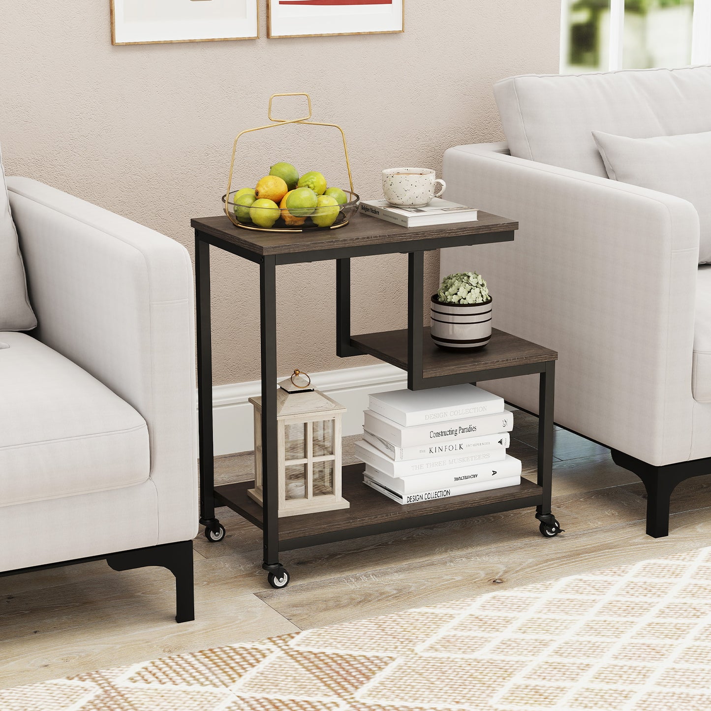 3-Tier Small Sofa Couch Side Table with Lockable Casters for Living Room-White